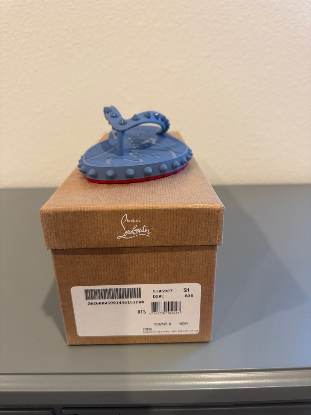 Christian Louboutin Women Blue Studded Flip Flop with Red Sole Accent